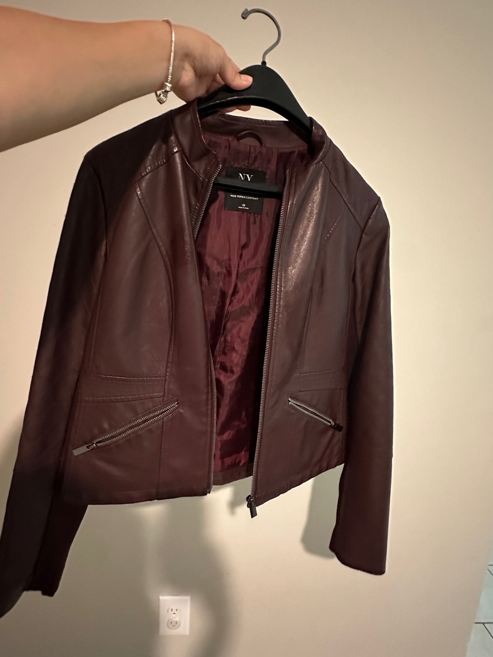 New York & Company Burgundy Leather Moto Jacket